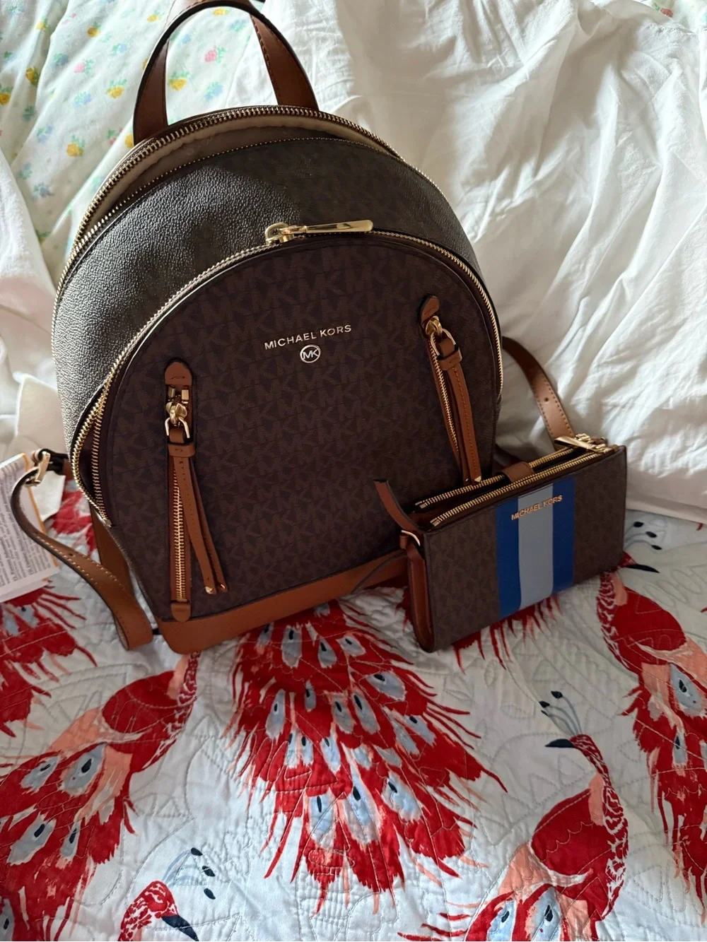 Michael Kors Brown Signature Backpack with Blue-Striped Wallet